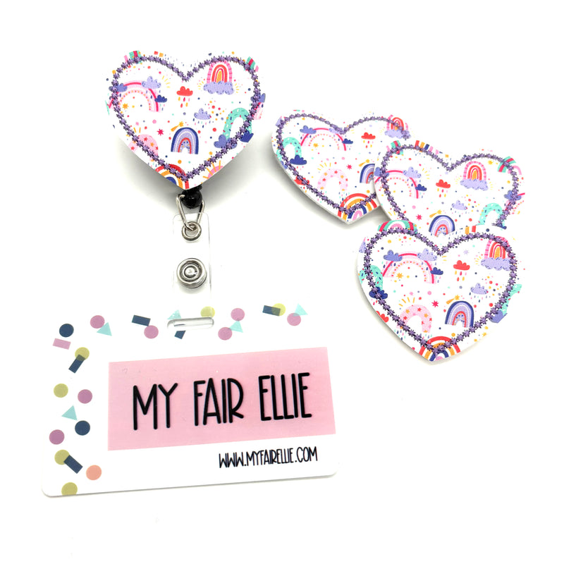 Bright Rainbows and Clouds Printed Heart // Badge Buddy