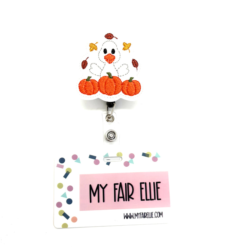 Goose on Pumpkin Throwing Leaves // Badge Buddy