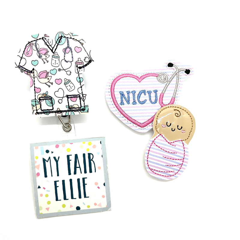 NICU Stethoscope // Swaddled Baby // Scrub Top // Badge Buddy