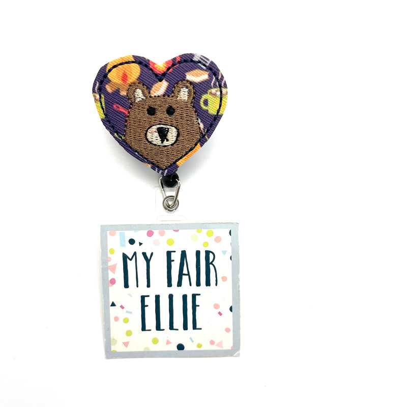 SALE!! Brown Bear on printed Woodland Heart // Badge Buddy