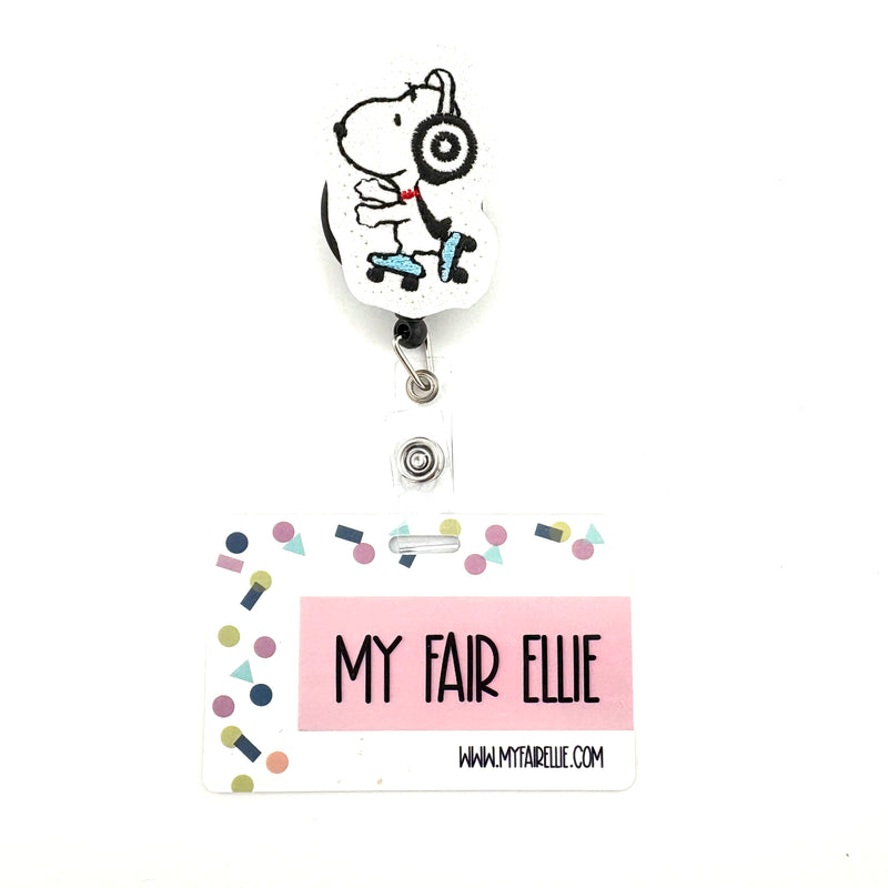 White Dog on Skates with Headphones // Badge Buddy