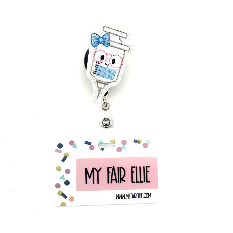 Syringe with Blue Bow and Glasses // Badge Buddy