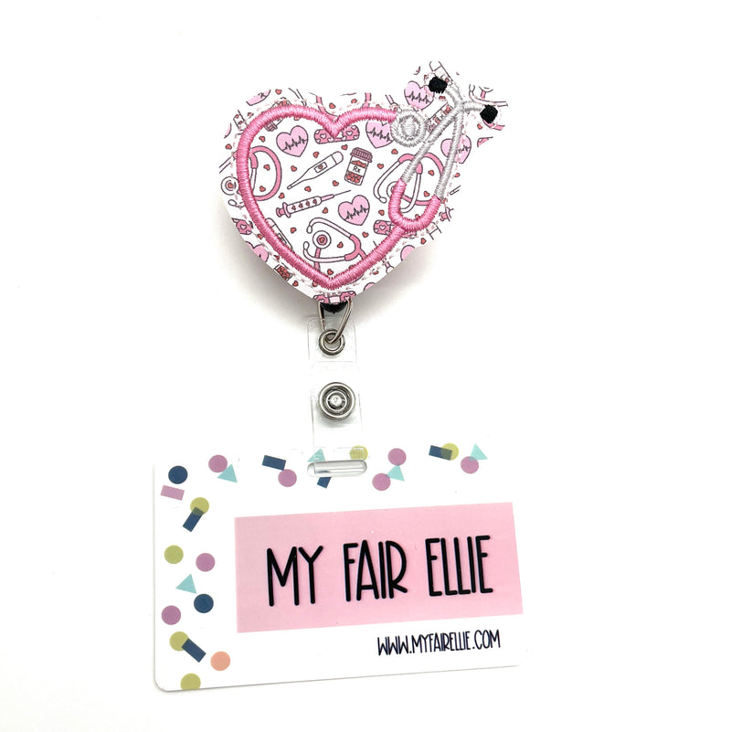 Pink Medical Print Stethoscope Heart // Badge Buddy