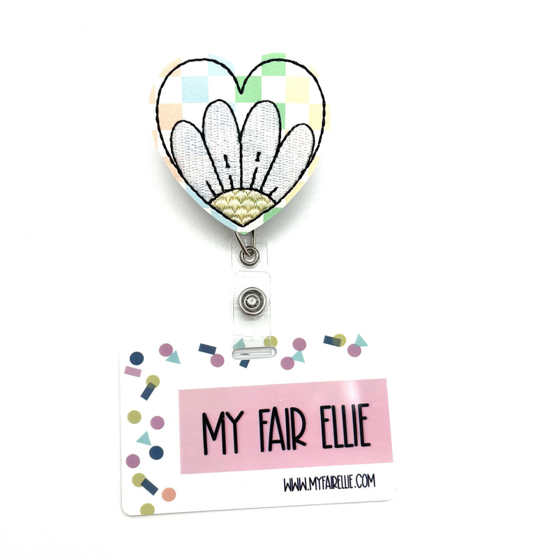 White Daisy in Pastel Checkered Heart // Badge Buddy