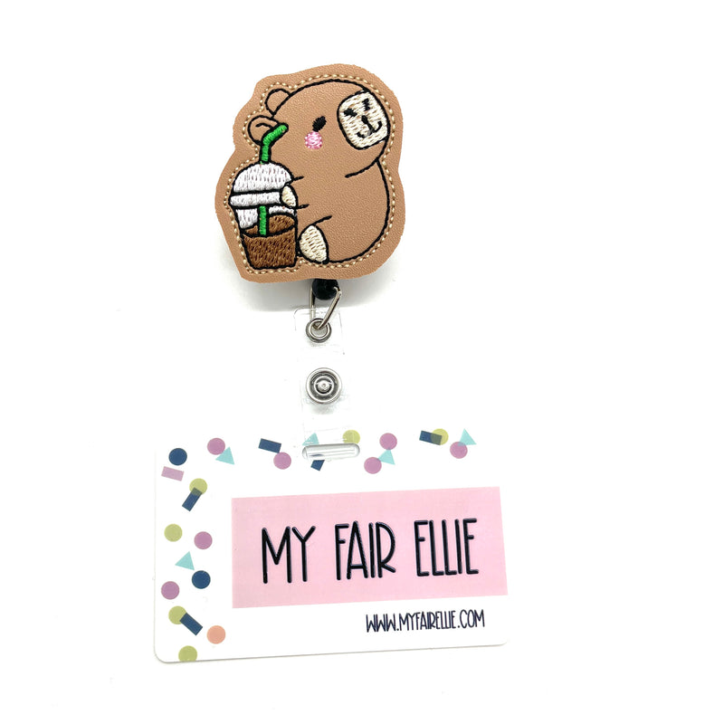 Capybara with Iced Coffee // Badge Buddy