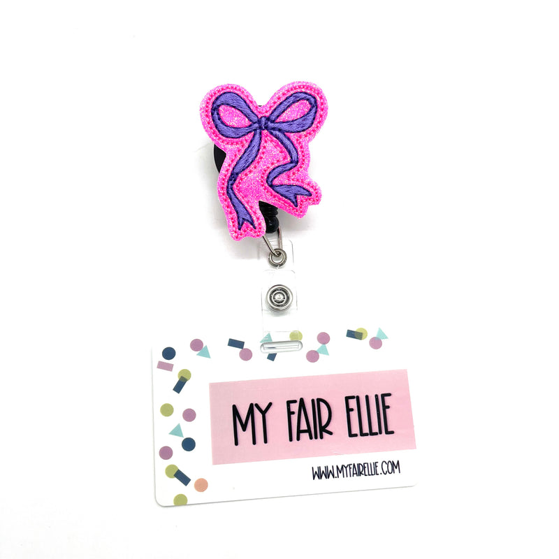 Purple Coquette Bow on Pink // Badge Buddy
