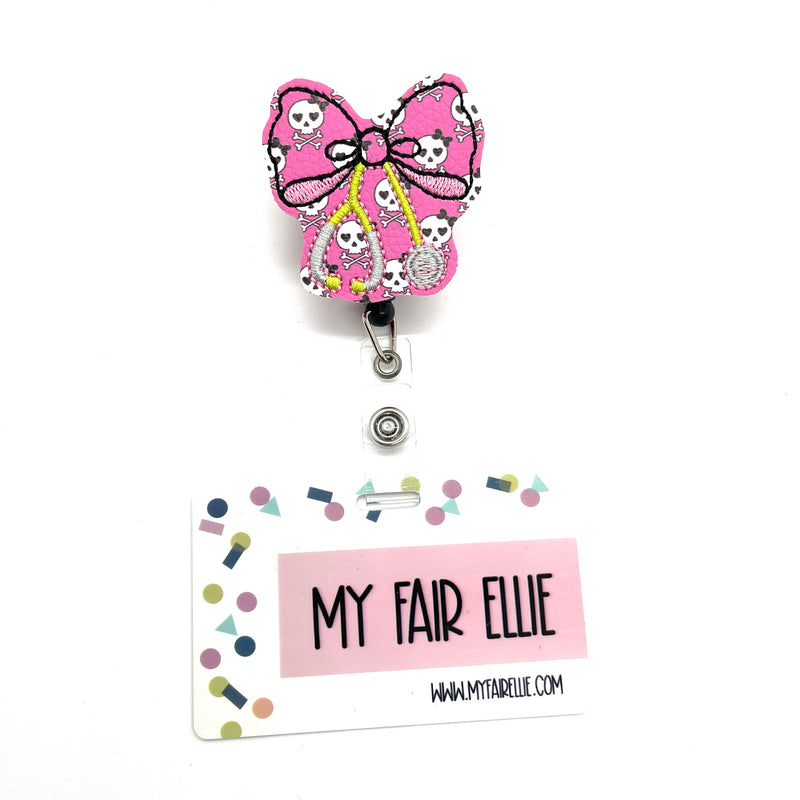 Pink Skull Print Stethoscope Bow // Spooky // Halloween
