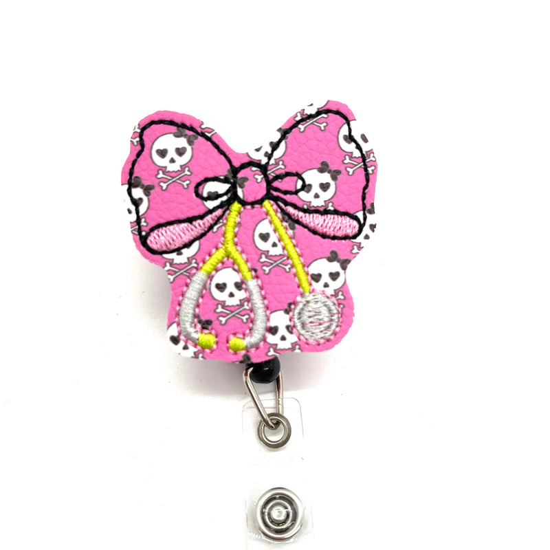 Pink Skull Print Stethoscope Bow // Spooky // Halloween