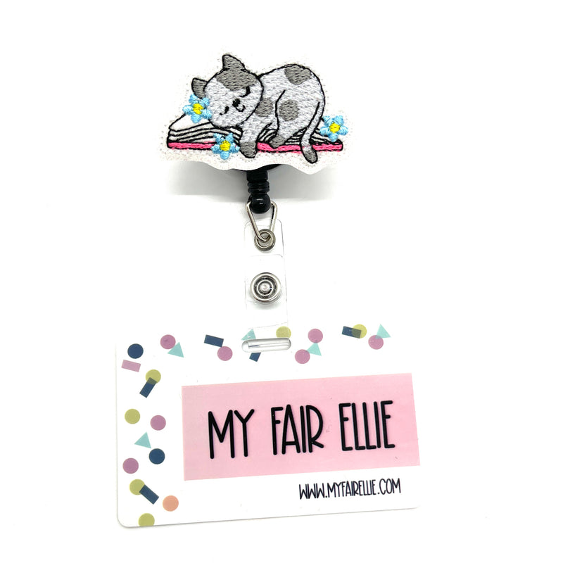 Sleeping Cat on Books and Flowers // Badge Buddy