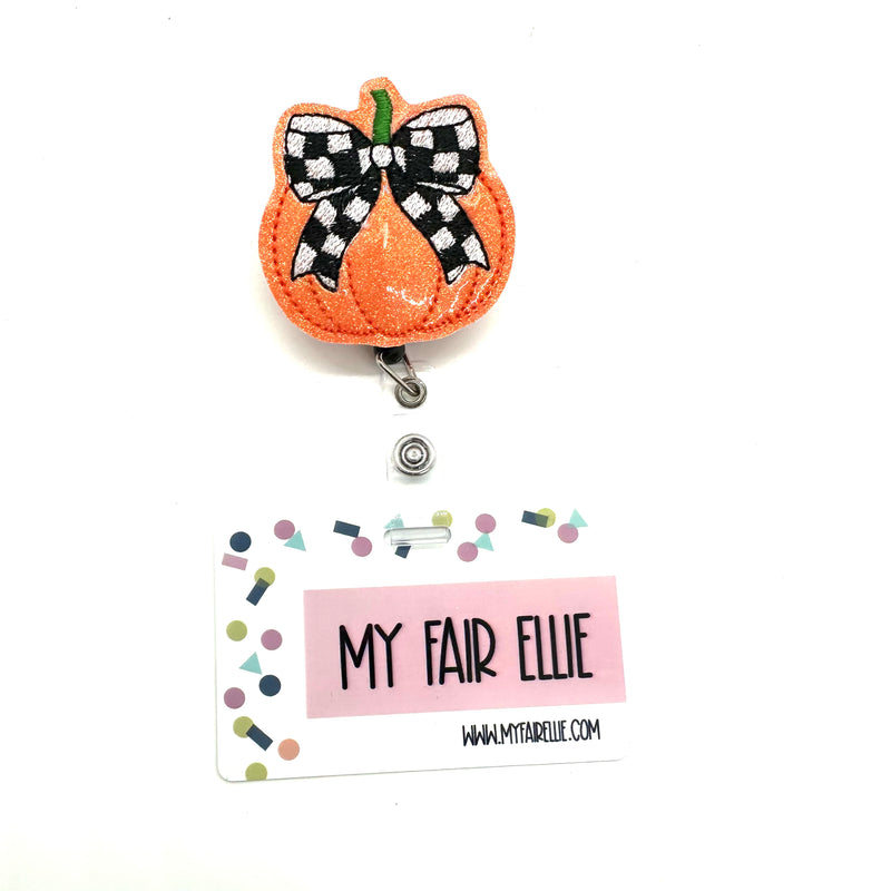 Pumpkin with Black & White Checkered Bow // Badge Buddy