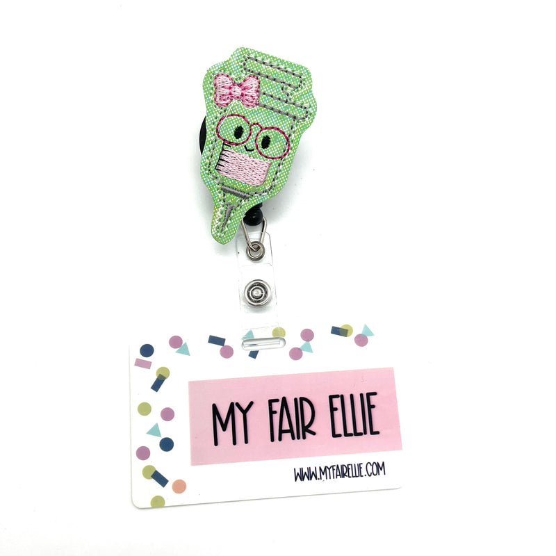 Syringe with Pink Bow and Glasses // Badge Buddy