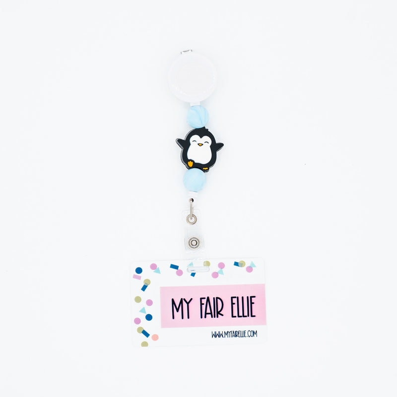 Round Blue/Penguin/Round Blue Beaded Badge Reel ONLY! // White Badge Reel Base