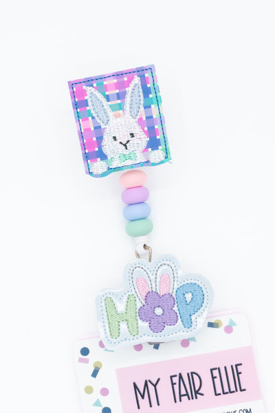 Peeping Bunny on Plaid // Hop w/ Ears // Easter // Badge Buddy