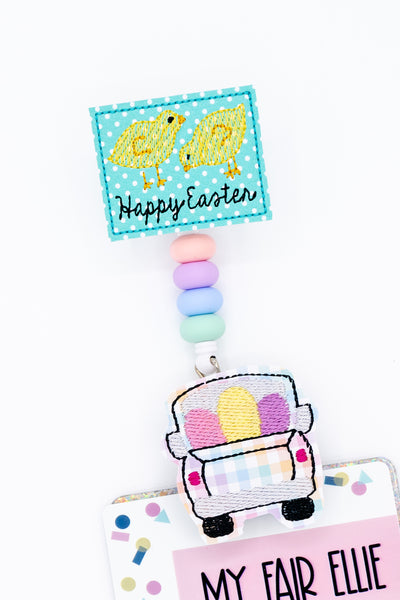 Happy Easter Chicks // Plaid Truck with Eggs // Easter // Badge Buddy