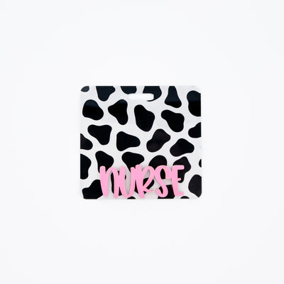 Cow Print w/ Peachy Text // Badge Backer // 2-4 Week Turnaround Time