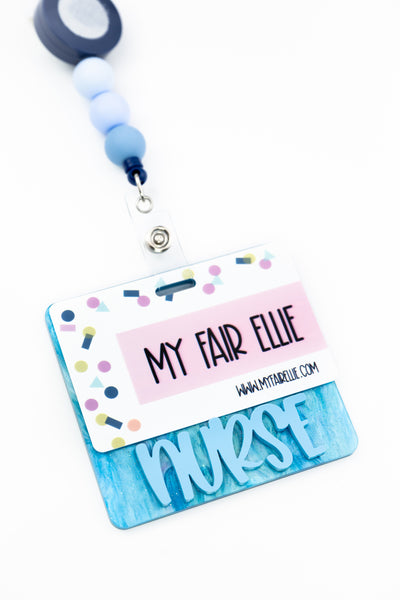Sky Blue Marble with Peachy Sky Blue Font // Badge Backer // 2-4 Week Turnaround Time