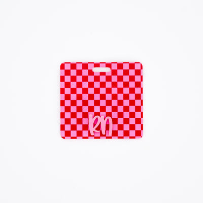 Red Pink Checkered with Bubblegum Peachy Text // Badge Backer // 2-4 Week Turnaround Time