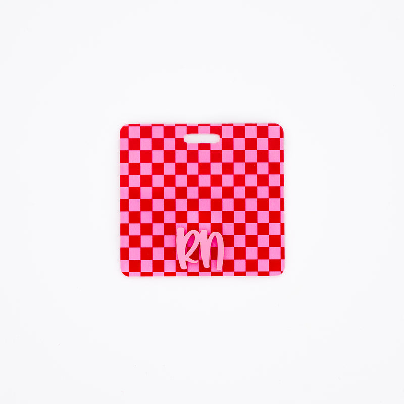 Red Pink Checkered with Bubblegum Peachy Text // Badge Backer // 2-4 Week Turnaround Time