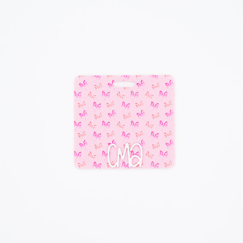 Pink Bows with White Charm Text // Badge Backer // 2-4 Week Turnaround Time