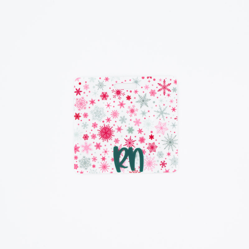 Red & Green Snowflakes with Evergreen Peachy Text // Badge Backer // 2-4 Week Turnaround Time