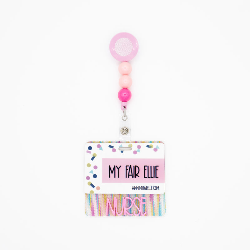 Party Thread Glitz with Pink Charm Text // Badge Backer // 2-4 Week Turnaround Time