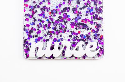 Purple Heart Confetti with White Moonlight Font // Badge Backer // 2-4 Week Turnaround Time