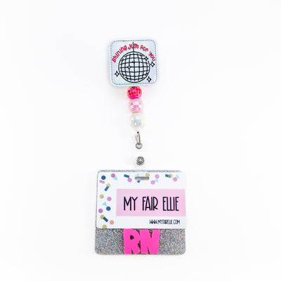 Holo Silver Glitter with Joyful Hot Pink Font // Badge Backer // 2-4 Week Turnaround Time
