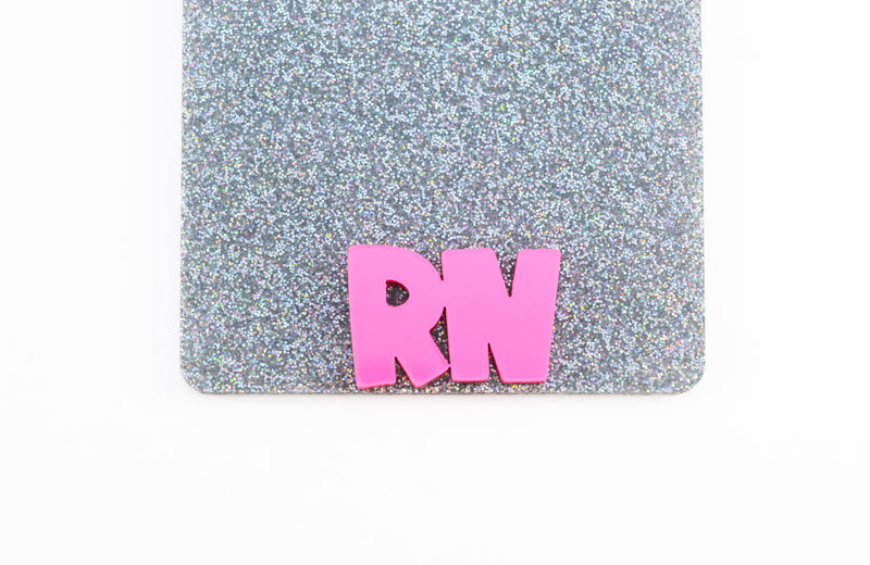 Holo Silver Glitter with Joyful Hot Pink Font // Badge Backer // 2-4 Week Turnaround Time
