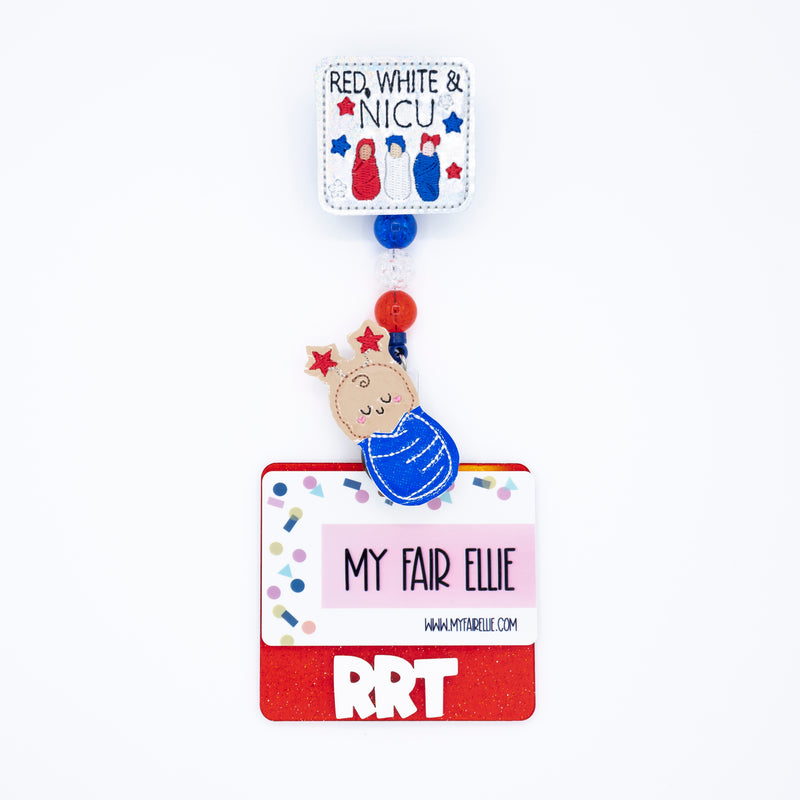 Red White & NICU // Patriotic Swaddle Baby // Badge Buddy