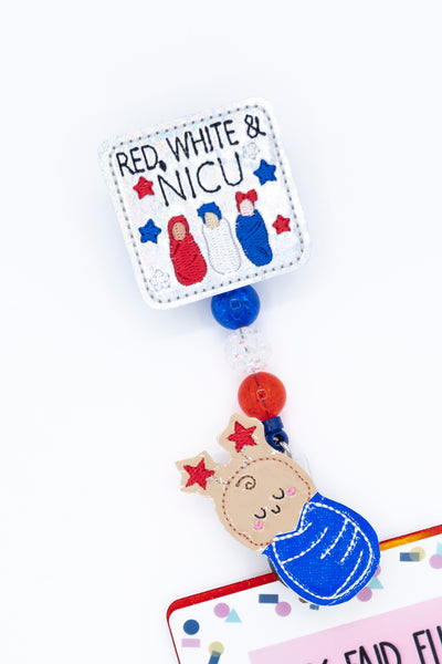 Red White & NICU // Patriotic Swaddle Baby // Badge Buddy