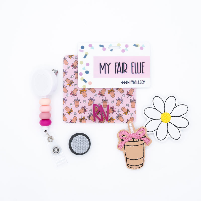 Cute Bow Iced Coffee Backer with Magenta Metallic Karoline Font // 2-4 Week Turnaround Time