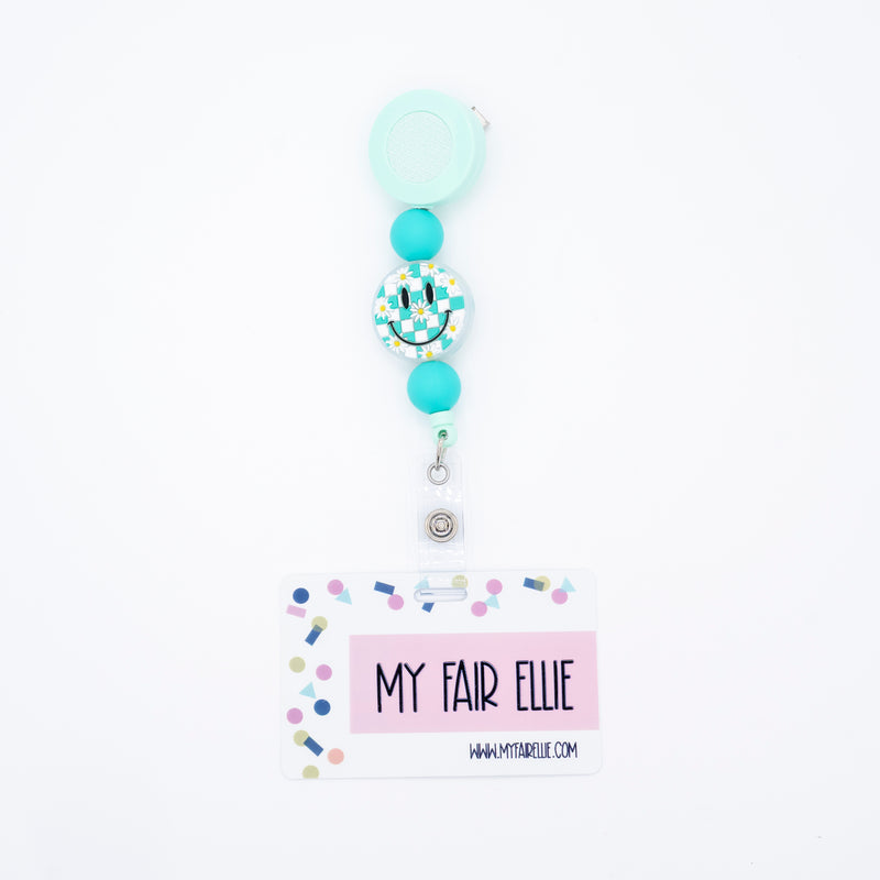 Round Teal/Checkered Smile/Round Teal Bead Reel // Mint Badge Reel Base