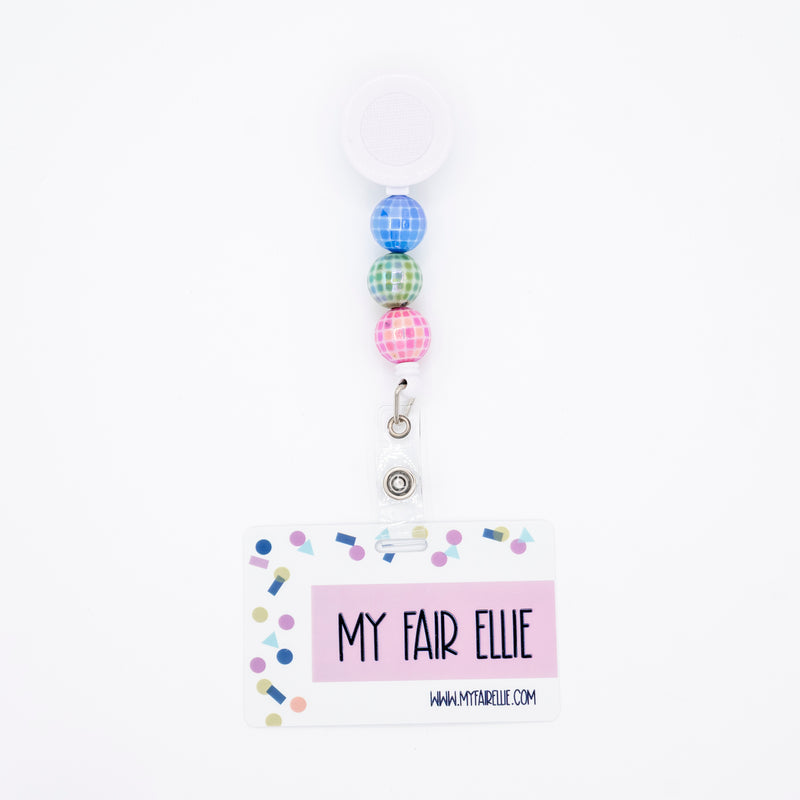 Blue/Green/Pink Disco Bead Reel // White Badge Reel Base