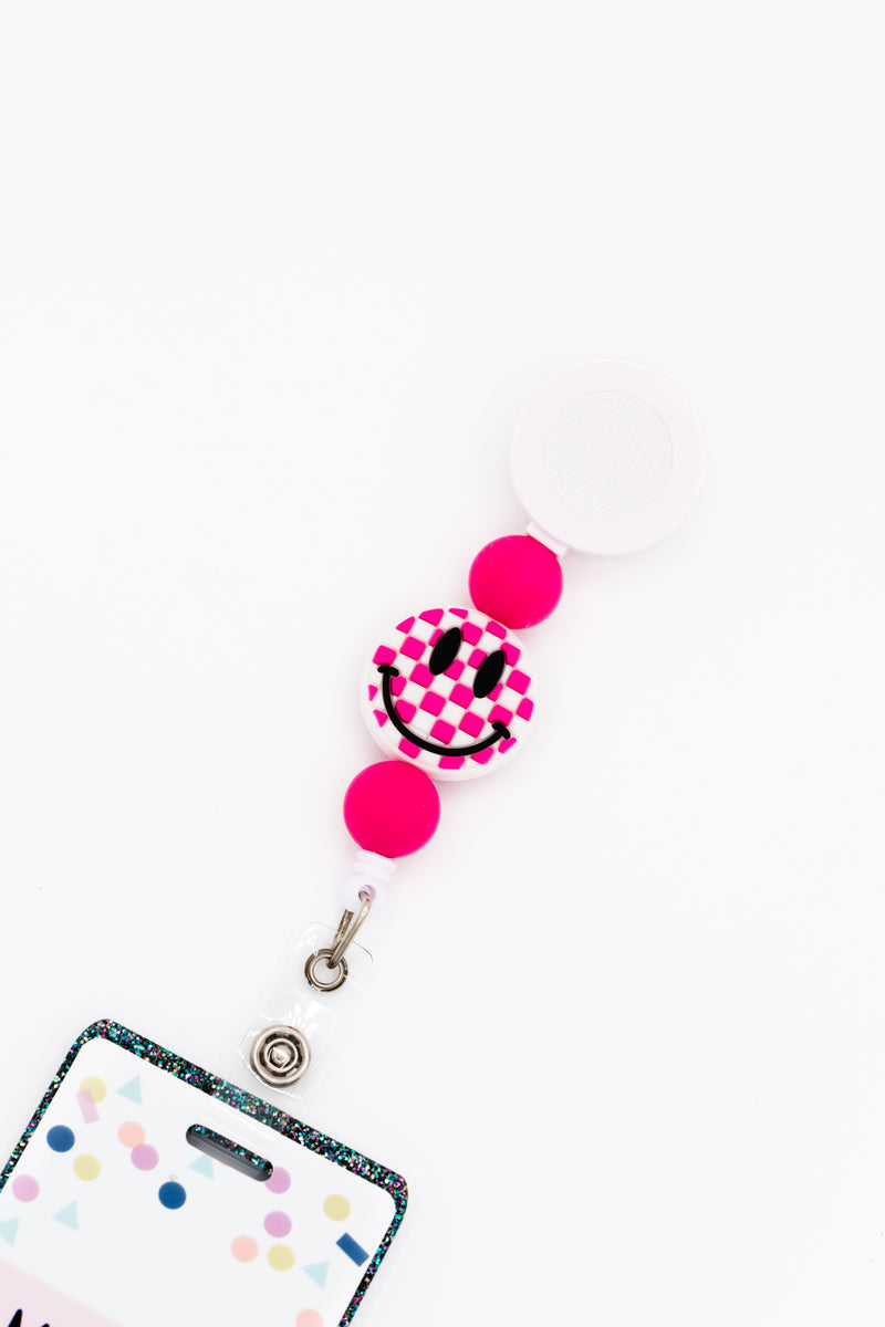 Pink White Checkered Smile Silicone Bead Reel ONLY! // White Badge Reel Base