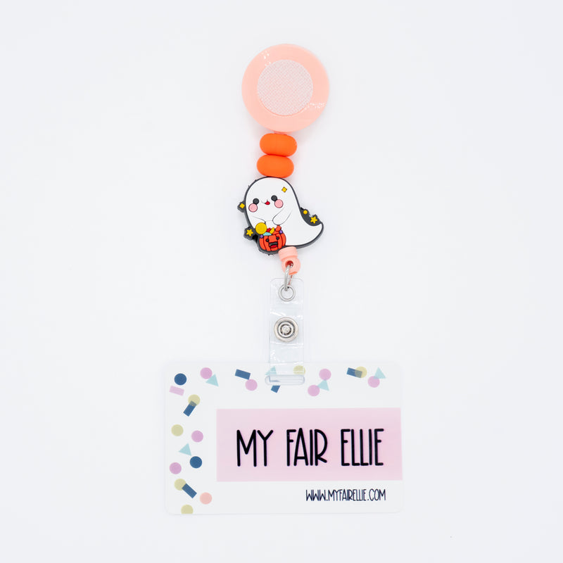 Flat Orange/Flat Orange/Ghost with Treat Bucket // Coral Orange Badge Reel Base // Halloween