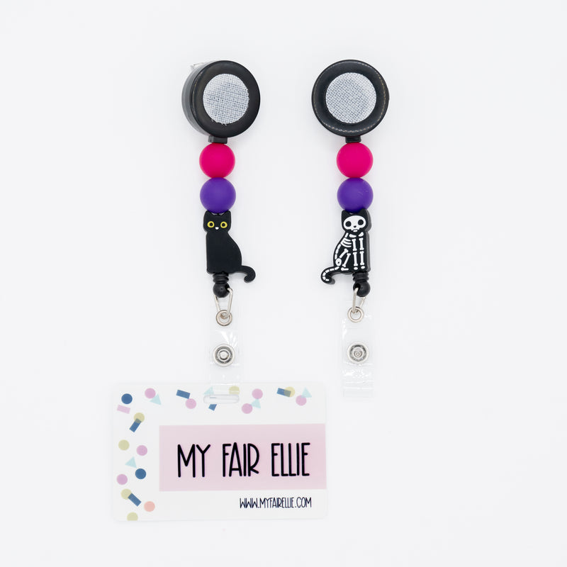 Round Pink/Round Purple/Black Skeleton Cat // Black Badge Reel Base // Halloween