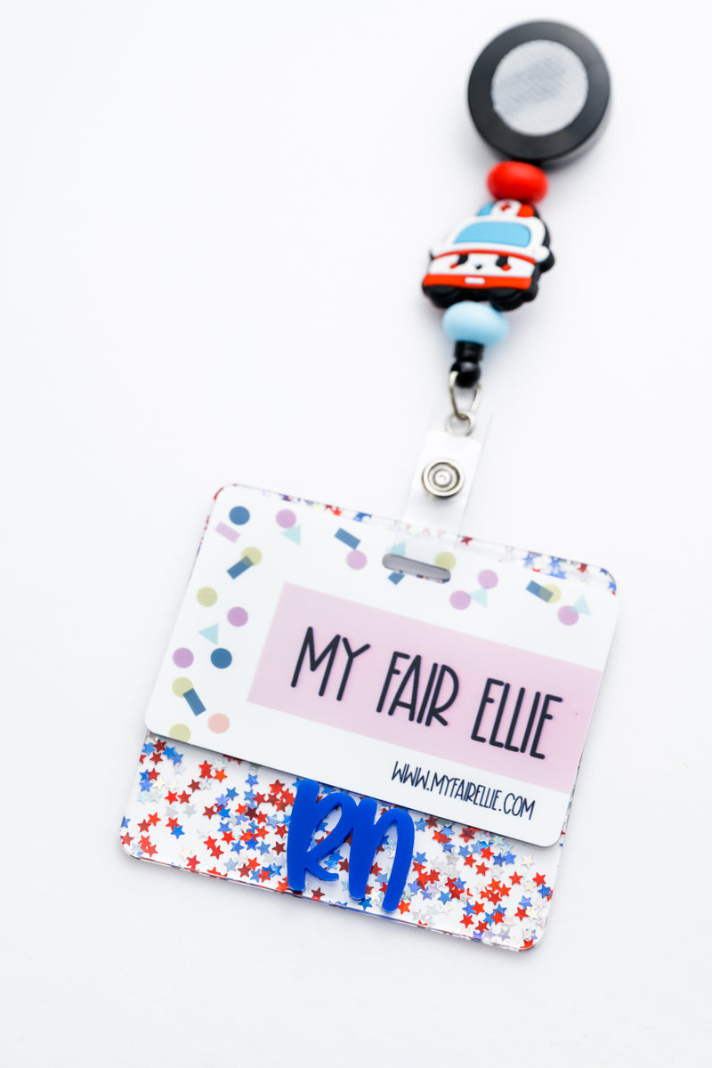 Patriotic Stars with Blue Peachy Font // Badge Backer // 2-4 Week Turnaround Time