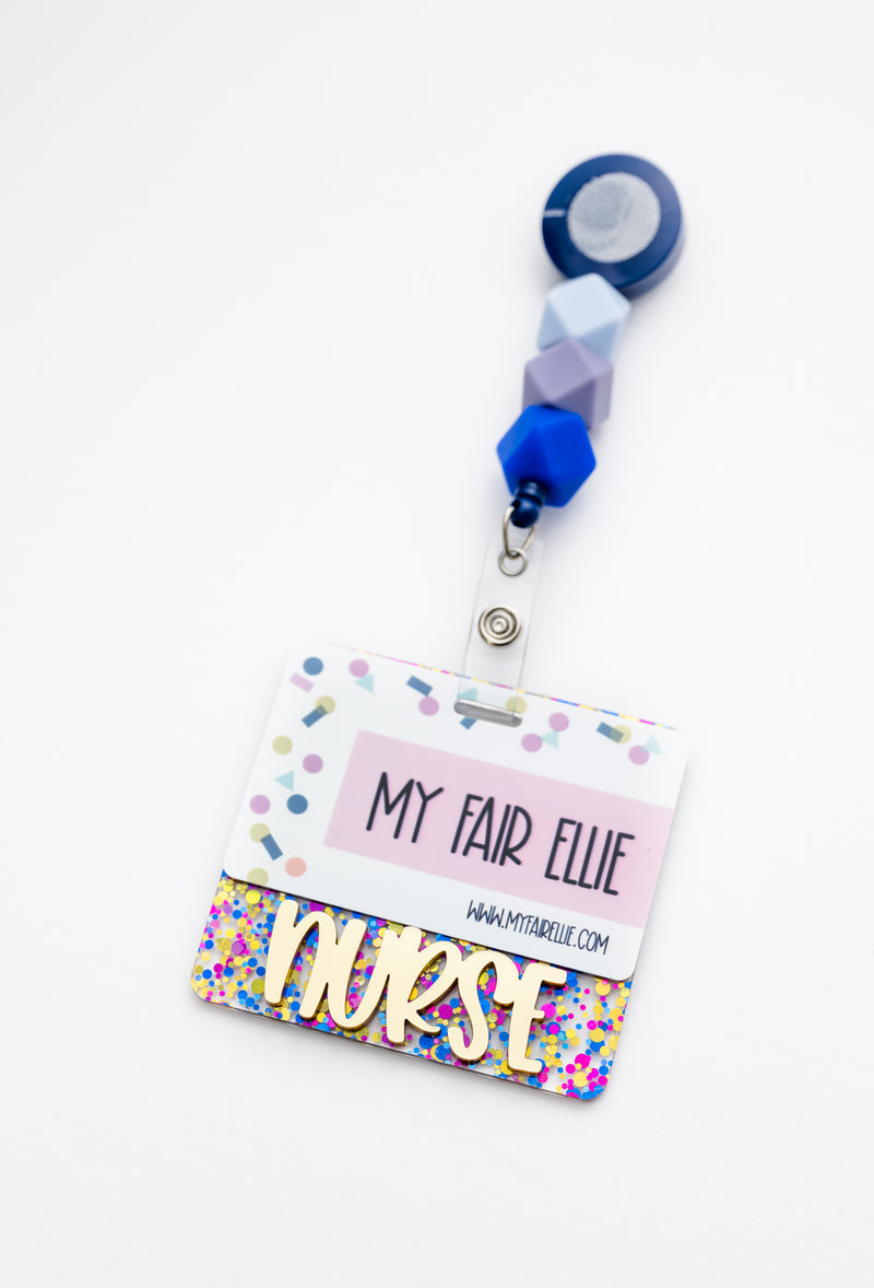 Party Multi Dots with Gold Peachy Font // Badge Backer // 2-4 Week Turnaround Time