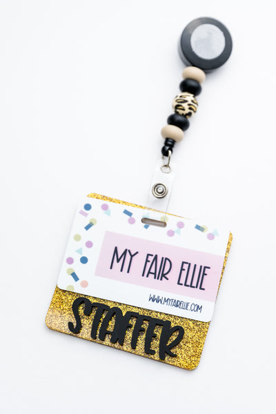 Gold Glitter with Black Peachy Font // Badge Backer // 2-4 Week Turnaround Time