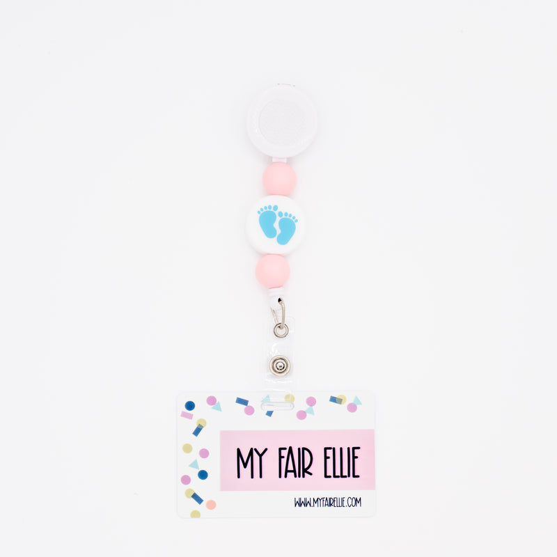 Pink/Blue Baby Feet/Pink Silicone Bead Reel ONLY! // White Badge Reel Base