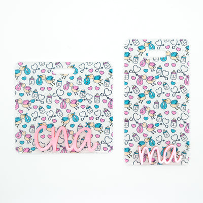 Hearts & Stork Baby Backer with Light Pink Metallic Cake Pop Font  // 2-4 Week Turnaround Time