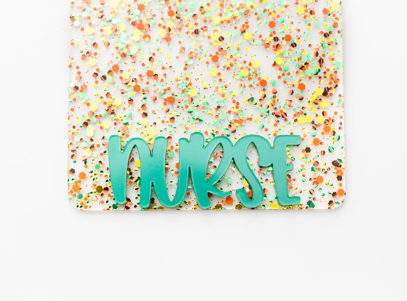 Fall Glitter with Peachy Green Text // Badge Backer // 2-4 Week Turnaround Time