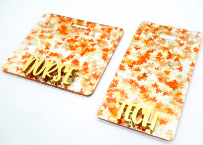 Holo Leaves Glitter w/ Gold Metallic Peachy Text Badge Backer // 2-4 Week Turnaround Time