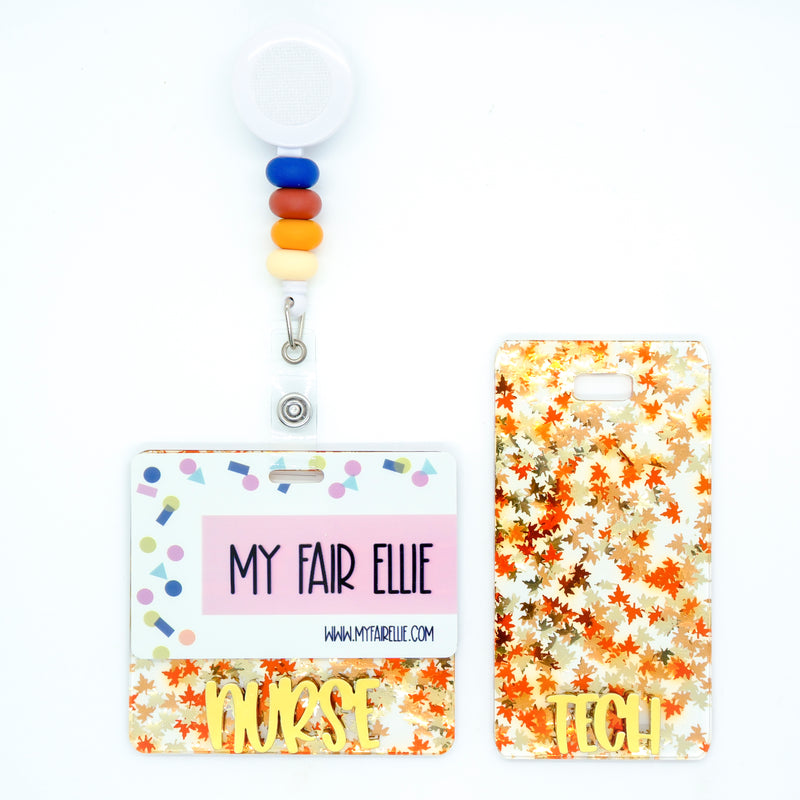 Holo Leaves Glitter w/ Gold Metallic Peachy Text Badge Backer // 2-4 Week Turnaround Time