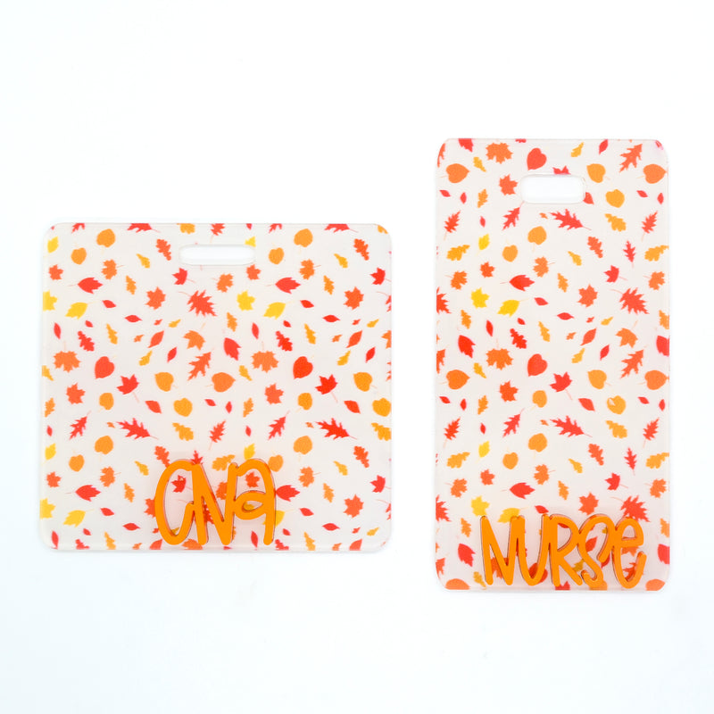 Colorful Leaves Print w/ Orange Metallic Karoline Text // Badge Backer // 2-4 Week Turnaround Time (Copy)