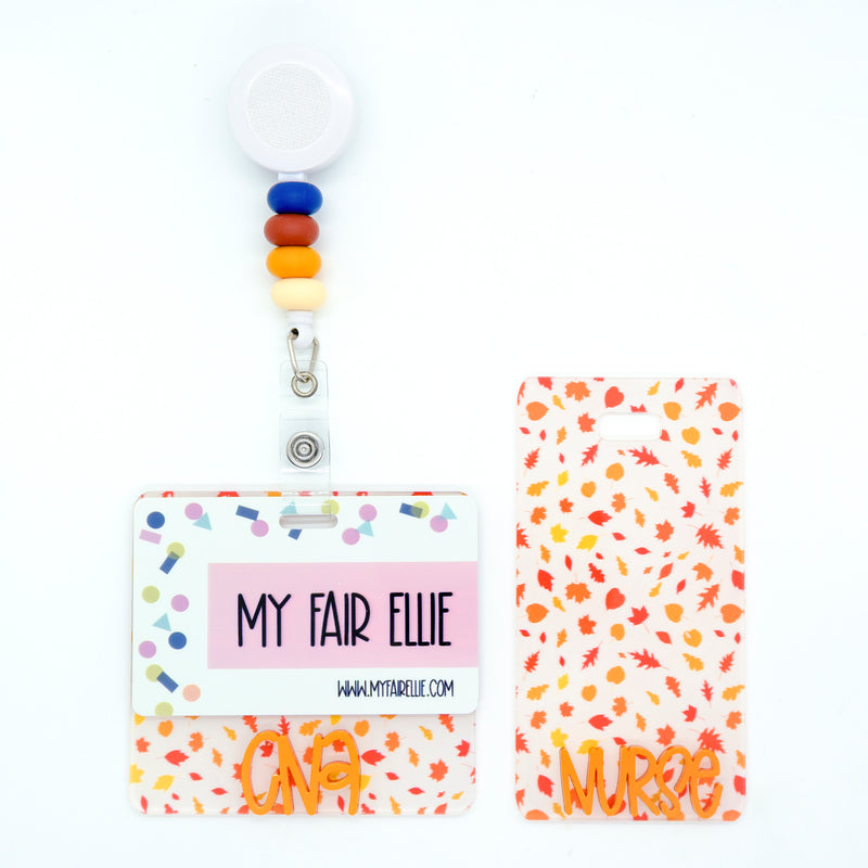 Colorful Leaves Print w/ Orange Metallic Karoline Text // Badge Backer // 2-4 Week Turnaround Time (Copy)