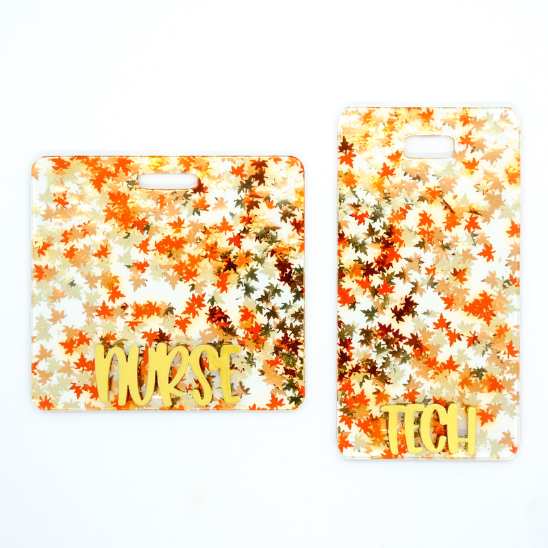 Holo Leaves Glitter w/ Gold Metallic Peachy Text Badge Backer // 2-4 Week Turnaround Time