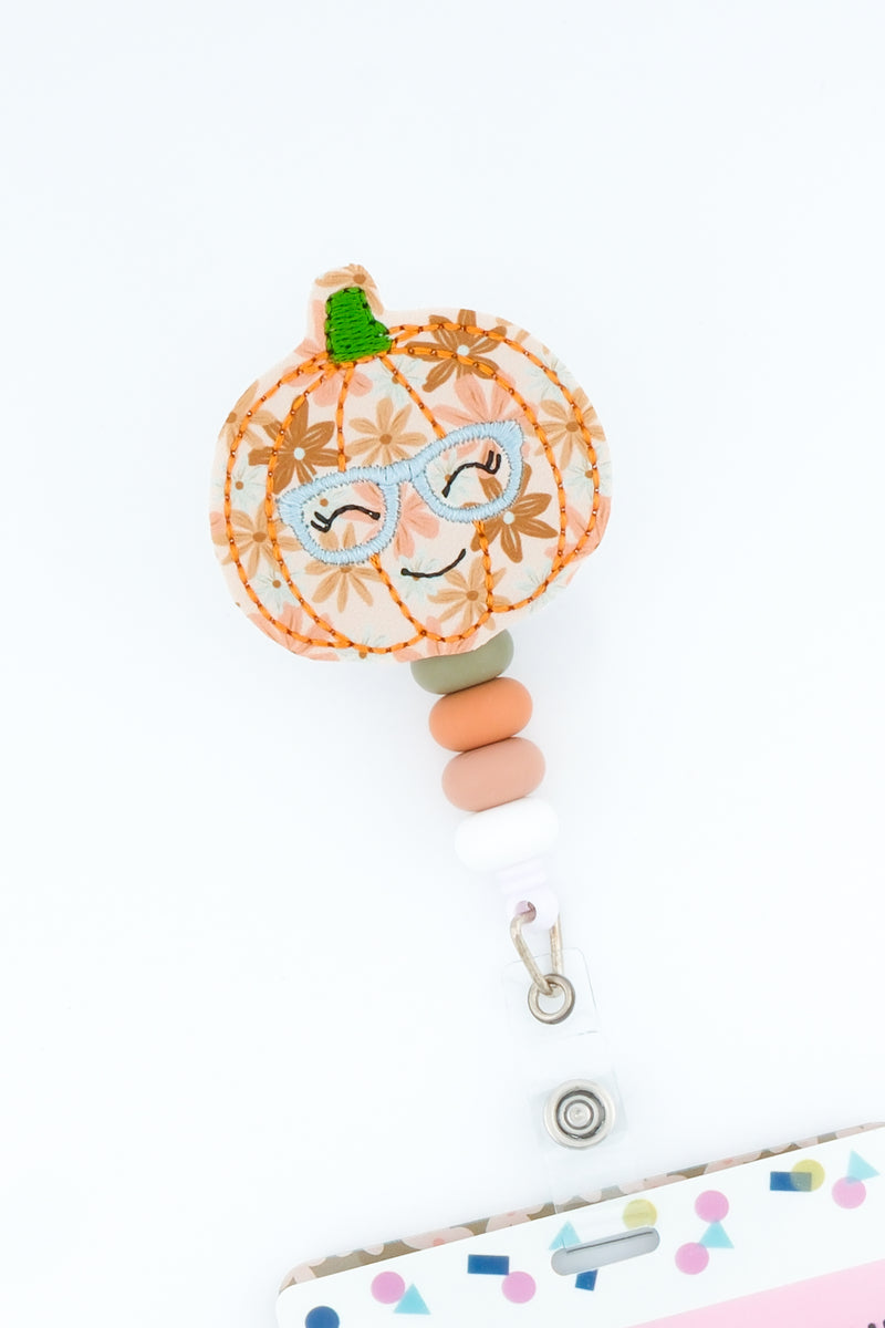 Muted Floral Print Pumpkin with Glasses // Fall