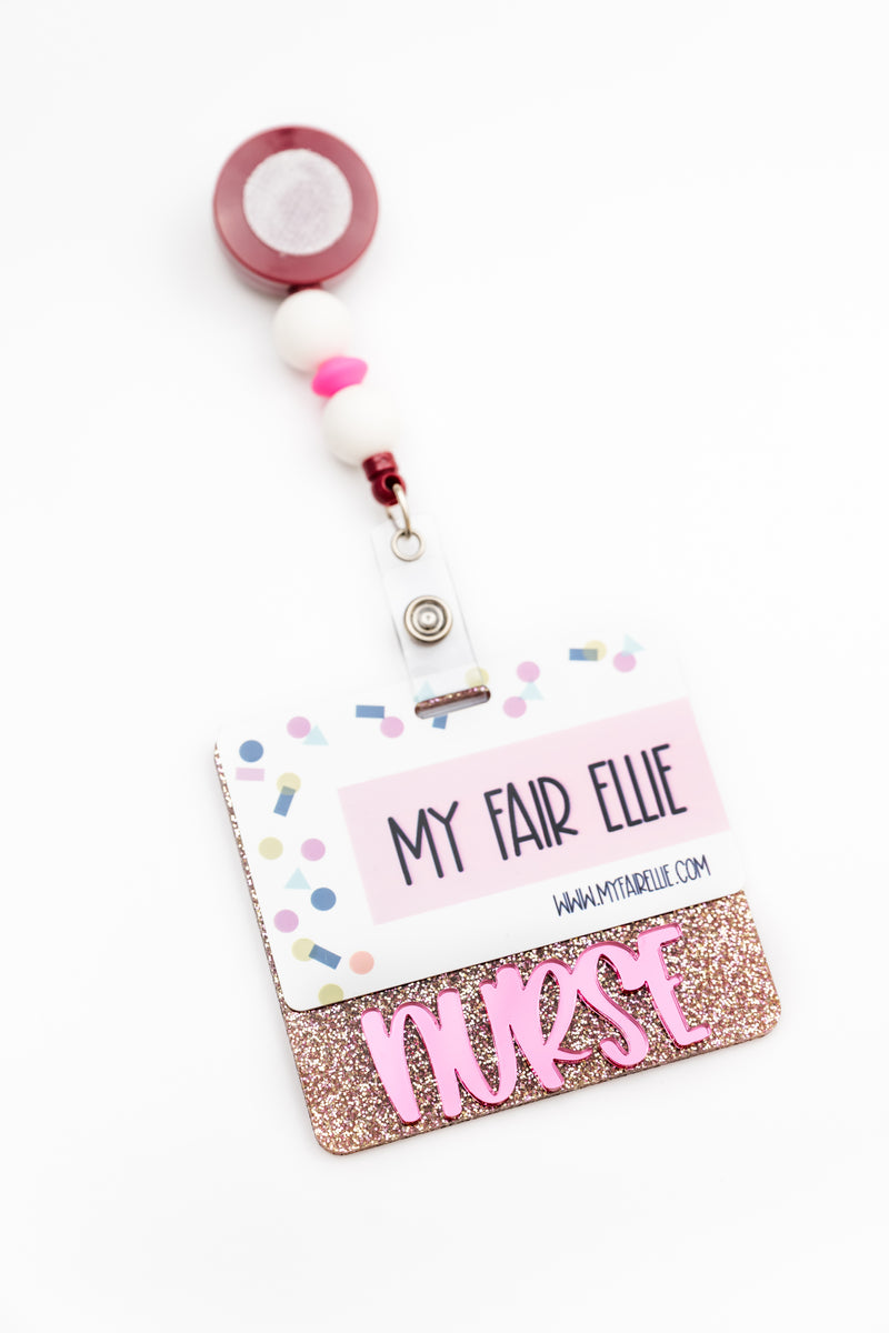 Rose Gold Glitter with Peachy Pink Mirror Text // Badge Backer // 2-4 Week Turnaround Time