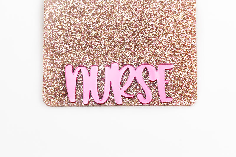 Rose Gold Glitter with Peachy Pink Mirror Text // Badge Backer // 2-4 Week Turnaround Time